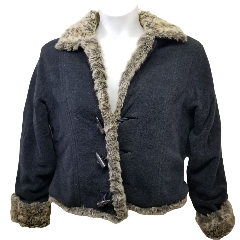 Fjall‎ Wool M Coat USA Charcoal Gray Faux Fur Lined Toggle BISON Jacket